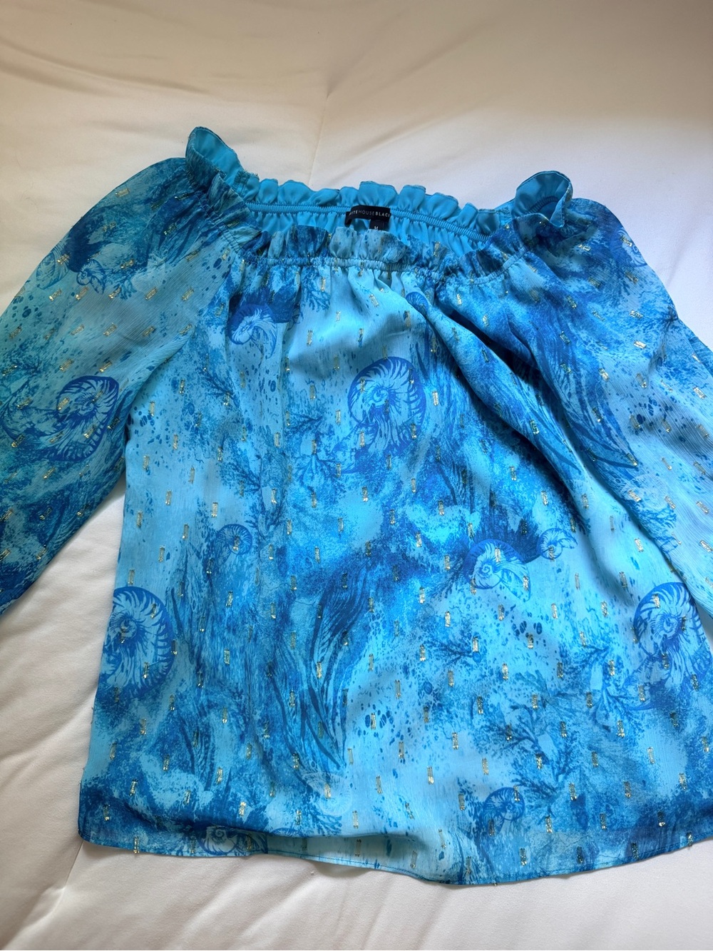 White House Black Market Blue Off-Shoulder Top with Gold Accents